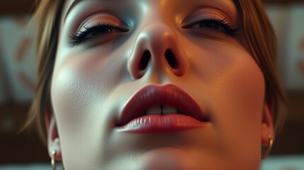 Close-up of a woman with fair skin and light brown hair, displaying a serene expression and soft makeup.