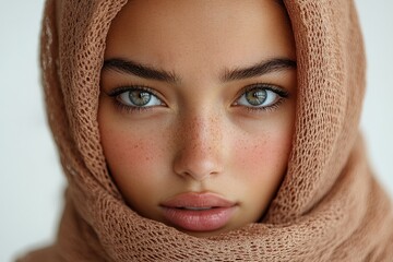 Close-up portrait of a young woman wearing a scarf, showcasing her striking features and eyes.