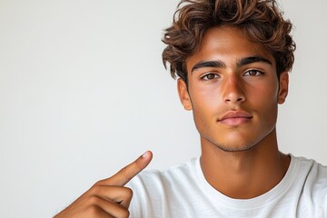 A young man with styled hair points upwards, conveying a thoughtful or inspirational message.
