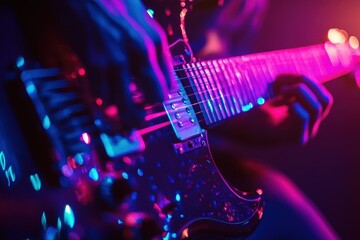 Naklejka premium Musician's Hand Strumming Guitar with Electric Blue and Purple Lights, Capturing the Passion of Music and Party Vibes.