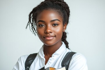 A confident young woman with books, representing education and ambition.