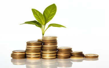 Stacked Coins and Plant Signifying Earnings Growth and Financial Prosperity, isolated on white background