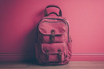 A pink backpack rests against a matching wall, showcasing a stylish and functional design.
