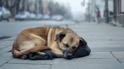 A sleeping dog curled up on a sidewalk, showcasing a serene moment amidst an urban environment.