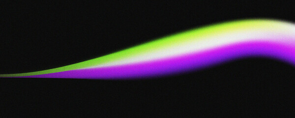 Abstract neon wave on black background with grainy texture, vibrant green, purple, and white gradient effect