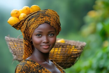 A woman carrying a basket of lemons on her head, smiling amidst a lush green background.
