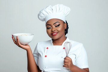 A smiling chef in uniform holds a bowl of rice and a whisk, showcasing culinary skills.