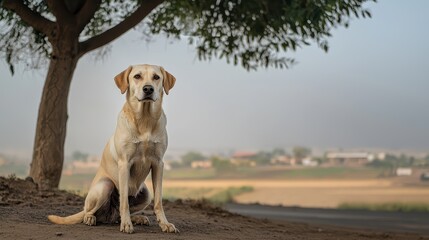 A serene scene featuring a Labrador dog sitting under a tree, with a rural landscape in the background.
