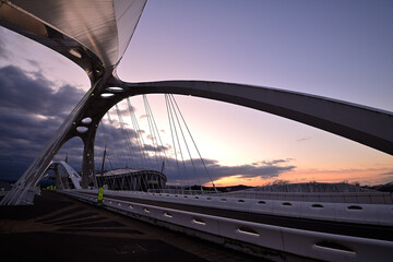 豊田大橋　豊田スタジアムの朝焼けの風景
