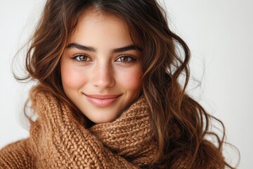 A smiling young woman in a cozy sweater, exuding warmth and friendliness.