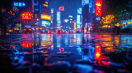 Naklejka premium A vibrant city scene at night, reflecting colorful lights on a rain-soaked street.