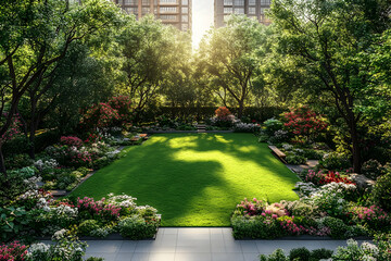 Fototapeta premium Sunlit urban garden, tranquil lawn, blooming flowers, high-rises, relaxation