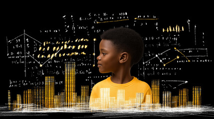 Young Mind, Endless Potential: A young boy stands thoughtfully against a background of intricate mathematical formulas and graphs, radiating an aura of intellectual curiosity and boundless potential.