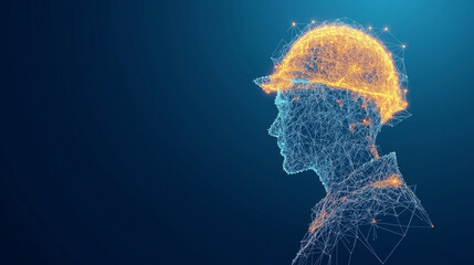 Construction Worker in Digital Art: Abstract polygonal portrait of a construction worker wearing a hard hat, symbolizing strength, resilience, and innovation in the building industry.