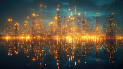A vibrant city skyline illuminated at night, reflected in a calm water surface.