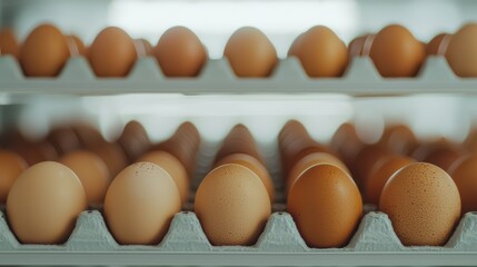 A close-up view of brown eggs arranged neatly in egg cartons, showcasing their smooth surfaces and organic appeal.