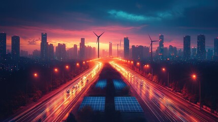 Fototapeta premium A vibrant cityscape at dusk with wind turbines, solar panels, and traffic lights illuminating the road.
