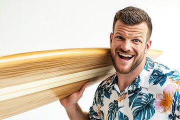 A cheerful man holding a surfboard, dressed in a colorful floral shirt.
