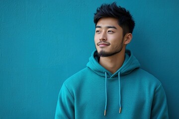 Fototapeta premium A young man in a teal hoodie stands against a matching wall, exuding a relaxed vibe.
