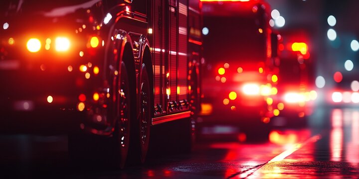 Emergency service car drives quickly along the road of a night city
