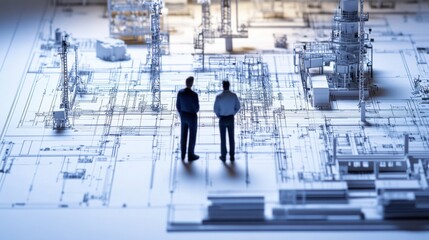 Two professionals analyzing a complex industrial blueprint in a modern workspace