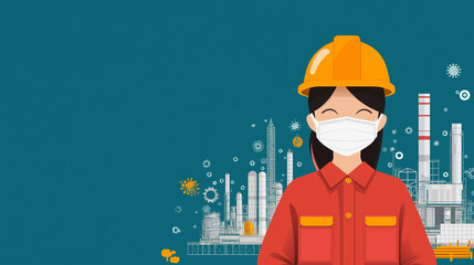 Confident in the Face of Challenge: A woman in a hard hat and face mask smiles confidently against the backdrop of an industrial complex, embodying resilience and optimism in the face of adversity.  