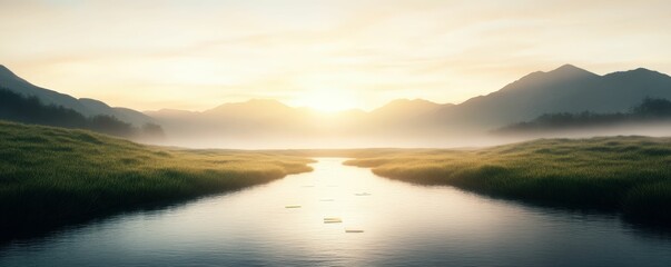 Fototapeta premium Serene river landscape at sunrise nature scene tranquil environment scenic view peaceful concept