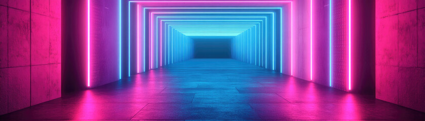 A vibrant corridor illuminated by pink and blue neon lights, creating a futuristic and immersive atmosphere.