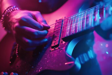 Obraz premium Musician's Hand Strumming Guitar with Electric Blue and Purple Lights, Capturing the Passion of Music and Party Vibes.