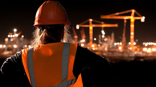 Night Shift Construction: A lone female construction worker, silhouetted against a backdrop of towering cranes and glowing lights, stands tall and proud. Her commitment to the job shines through.