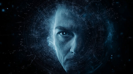 Mysterious Gaze: A man's intense gaze pierces through a swirling nebula of blue and black, creating a dramatic and enigmatic portrait. The image evokes feelings of mystery, intrigue, and power.