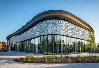 Obraz premium Modern Architectural Design Featuring Sleek Glass Facade and Curved Roof in Urban Environment with Lush Greenery and Crisp Blue Sky