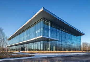 Obraz premium Modern Architectural Design Featuring Sleek Glass Facade Surrounded by Minimalist Landscaping and Clear Blue Sky in Urban Environment