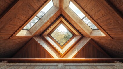 Modern Architectural Design Featuring Stunning Skylights in a Wooden Attic with Angular Geometry and Natural Light Flowing Through for Domestic Spaces