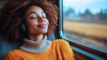 African tourist woman enjoy music while traveling by executive class fast train