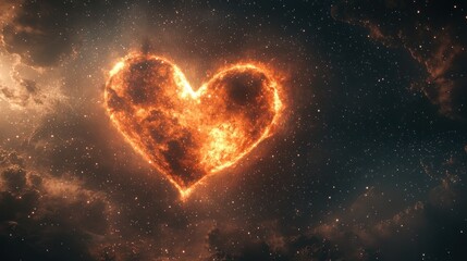 Flaming heart in starry space, clouds background, ideal for romance, passion