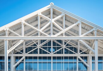 Fototapeta premium Modern Architectural Design of a Commercial Building with Exposed Steel Beams and Glass Windows Under Clear Blue Sky