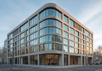 Fototapeta premium Modern Architectural Design of a Contemporary Office Building with Large Glass Windows Reflecting Natural Light in an Urban Setting