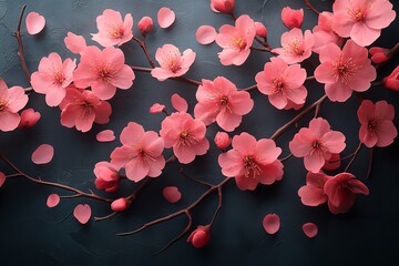 Fototapeta premium Artistic display of pink cherry blossoms in full bloom against a black backdrop in an art gallery