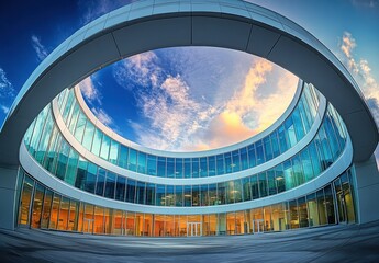 Obraz premium Modern Architectural Design of a Curved Glass Building Illuminated by Sunset with Bright Colors and Dynamic Sky Reflections on Window Surfaces