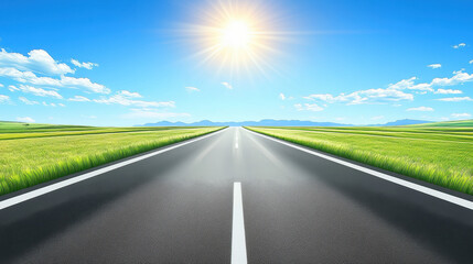 A straight road leading into the distance, a clear blue sky with the sun shining down