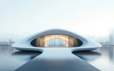 Modern architectural design of a futuristic building situated by the water, featuring unique curves and soft lighting with a city skyline in the background.
