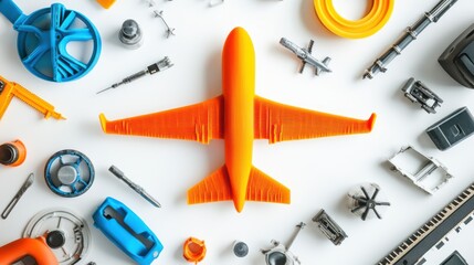 Bright orange airplane model surrounded by various toy vehicle parts on a clean white background