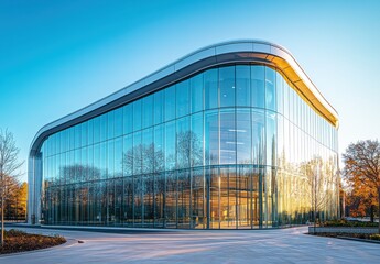 Obraz premium Modern architectural design of a glass building reflecting natural surroundings during sunset in an urban environment with clear blue sky and autumn trees