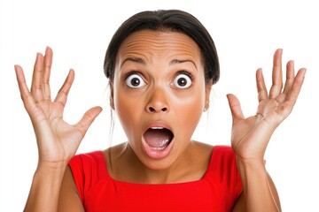 A surprised woman with wide eyes and raised hands, expressing shock or excitement.