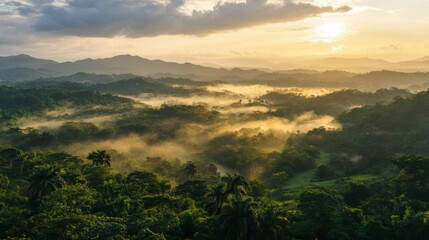 Obraz premium Misty Mountain Sunrise: Golden Light over Lush Green Landscape