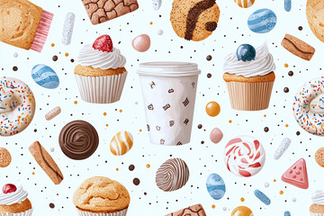 Cupcakes, cookies and candies in vibrant hues form a charming and colorful bakery illustration
