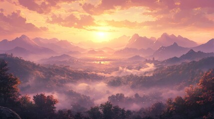 Obraz premium Misty Mountain Valley at Sunrise with Golden Sky