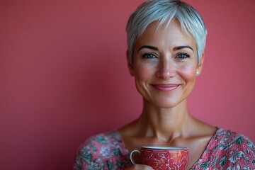 A woman with short hair smiles while holding a decorative cup against a pink background.