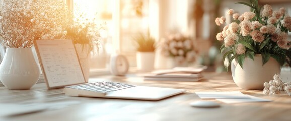 Laptop, flowers, sunlit desk, home office